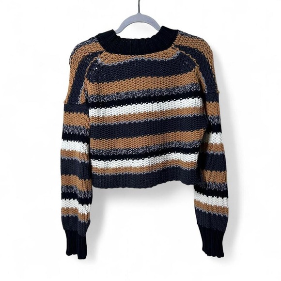 Free People Sweater Womens XS Black Tan White Striped Chunky Knit Cropped - Picture 3 of 4